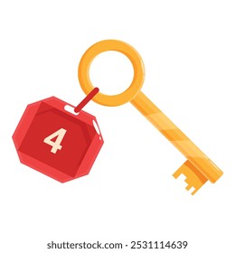 Golden key with red label showing number four is hanging, concept for hotel service, room number, being a guest