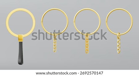 Golden key rings set isolated on background. Vector realistic illustration of metal accessory with chain and keyring, round pendant, hanging bag trinket, hanging metallic fob, stainless souvenir tag