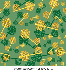 Golden key seamless pattern.Valentines day background.Flat design endless chaotic texture made of key silhouettes.