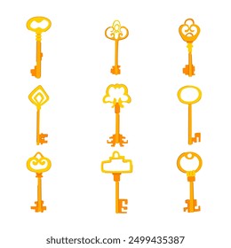 golden key set cartoon. success vintage, unlock hole, door antique golden key sign. isolated symbol vector illustration