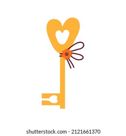 Llave dorada en forma de corazón desde una cerradura o puerta cerrada. Símbolo de candado de amor para el 14 de febrero, día de San Valentín, boda. Ilustración vectorial dibujada a mano en estilo escandinavo
