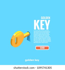 The golden key sticks out in the keyhole and the text with the button, isometric image