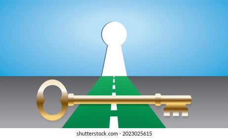 The golden key to success with key hole. Vector illustration. 