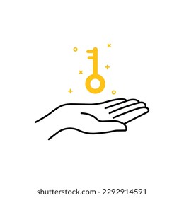 golden key in thin line hand like goal. simple outline flat style trend modern logo graphic art design isolated on white background. concept of motivation or achievement and mortgage or protection