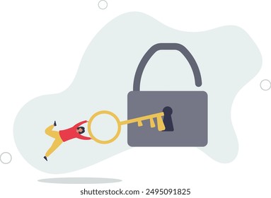 Golden key to unlock, solve business problem, professional to give solutions, success business key or unlock business accessibility concept,flat design.illustration with people.