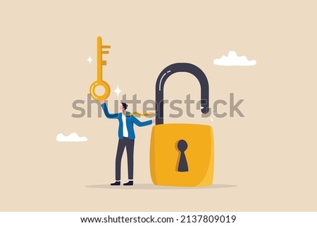 Golden key to unlock, solve business problem, professional to give solutions, success business key or unlock business accessibility concept, smart businessman holding golden key to unlock the pad. Stock foto © 
