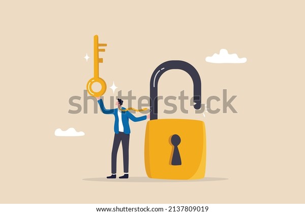Golden key to unlock, solve business problem,
professional to give solutions, success business key or unlock
business accessibility concept, smart businessman holding golden
key to unlock the pad.