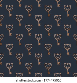 Golden Key. Vintage, Retro style. Minimalistic Icons. Graphic Vector. Repeating square Seamless Pattern. Wallpaper. Elegant geometric design. Trendy illustration. Dark background