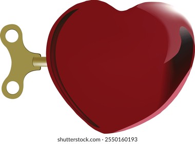 Goldener Schlüssel, der ein rotes mechanisches Herz wickelt und die Aktivierung von Liebe und Romantik symbolisiert