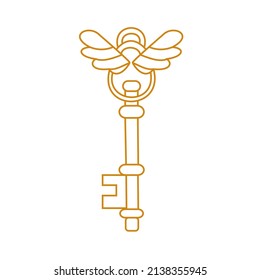 Golden key with wings Outline vector illustration
