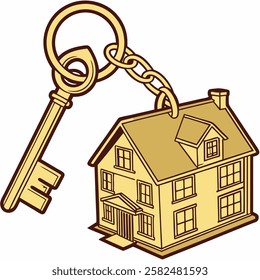 a golden keychain with key and house 3d effect with no background