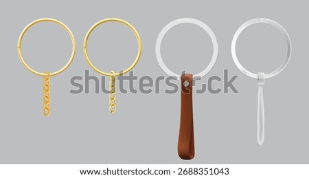 Golden keychain rings with chains and silver circles with leather or rope holders for keys and accessories. Brass metal loops with strap and cord attachment. Promotional gift blanks for customization.