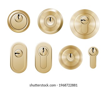 Golden keyholes for door handles. Realistic set of metal key holes for padlocks, lockers, house entry, windows and doorways. 3d vector illustration