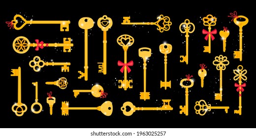 Golden keys. Cartoon medieval elements with ornate for locking door, vector illustration of vintage elements for home access on black background