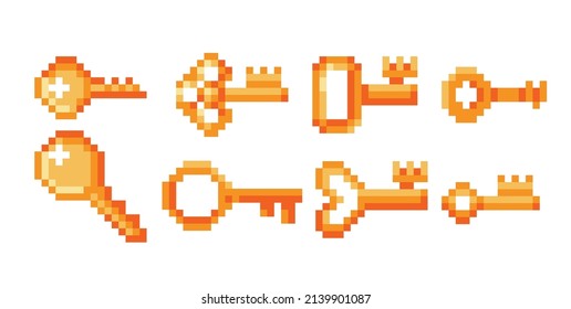 Golden keys pixel art set. Chest opener collection. 8-bit sprite. Game development, mobile app.  Isolated vector illustration.