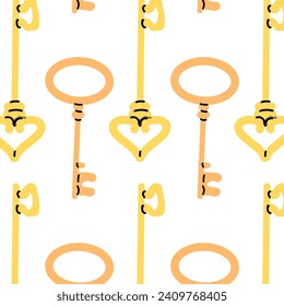 golden keys seamless background isolated. Vector illustration of modern keys with heart shape. Cartoon vector illustration - pattern, Can used for textile, poster, decoration element. 
