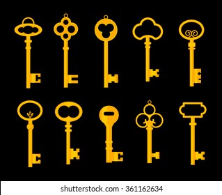 Golden keys set. Vintage keys icons collection, isolated on black background