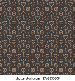 Golden Keys. Vintage, Retro style. Minimalistic Icons. Graphic Vector Seamless Pattern. Repeating square Wallpaper. Elegant geometric design. Trendy illustration. Dark background