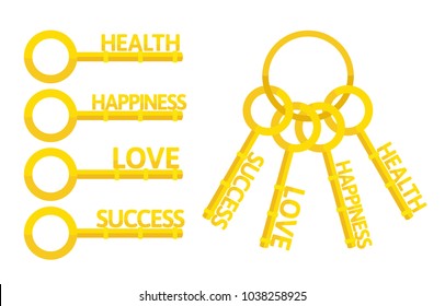 Golden keys with words love, health, success, happiness. Bunch of golden keys. Vector illustration,concept.