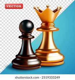 Golden king and chess pawn, 3d vector. Suitable for business, games and design elements