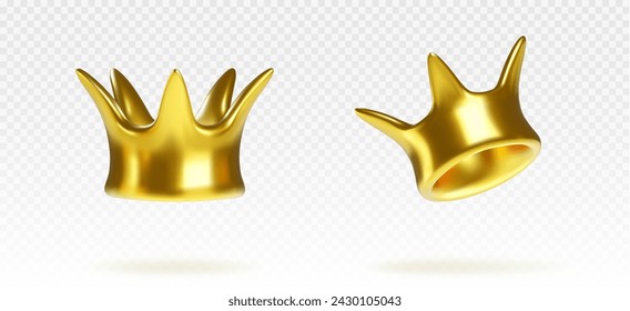 Corona real dorada en diferentes ángulos. Conjunto de ilustración vectorial 3d realista de símbolo real simple hecho de oro. Emblema medieval de la realeza o artículo del juego del tesoro. Trofeo ganador del Reino o icono de premio.