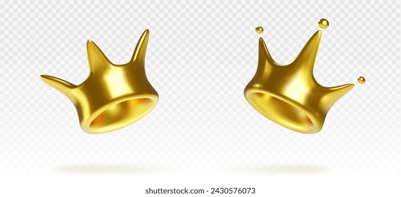 Corona real dorada en diferentes ángulos. Conjunto de ilustración vectorial 3d realista de símbolo real simple hecho de oro. Emblema medieval de la realeza o artículo del juego del tesoro. Trofeo ganador del Reino o icono de premio.