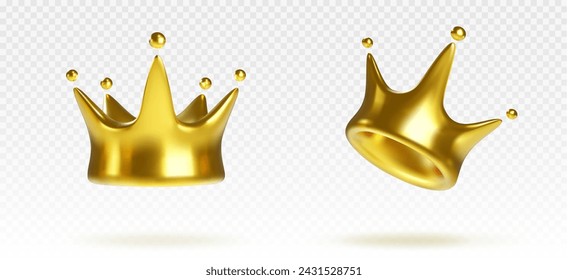 Golden king crown in different angles. Realistic 3d vector illustration set of simple royal symbol made of gold. Medieval royalty emblem or game item of treasure. Kingdom winner trophy or award icon.