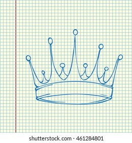 Golden king crown. Hand drawn vector stock illustration. Sheet ball pen drawing.