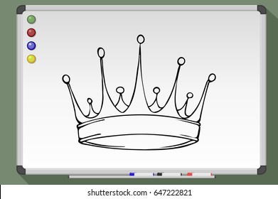 Golden king crown. Hand drawn vector stock illustration. Black and white whiteboard drawing crown.