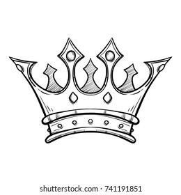 Golden king crown. Hand drawn vector stock illustration. Black and white whiteboard drawing.