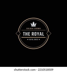 Golden King Crown Royal Vintage Retro Classic Luxury Label Logo Design Linear Style