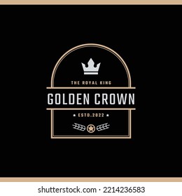 Golden King Crown Royal Vintage Retro Classic Luxury Label Logo Design Linear Style