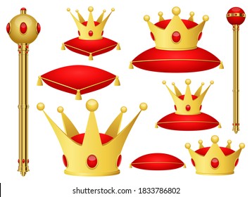 Golden king crown and scepter clipart vector design illustration. King set. Vector Clipart Print