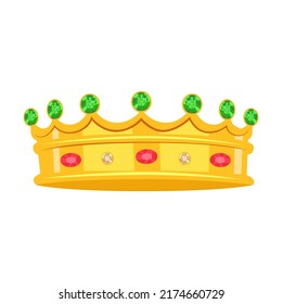 Golden king crown vector illustration. Accessory for royals, king, queen, prince or princess isolated on white background. Fantasy, monarchy, jewelry