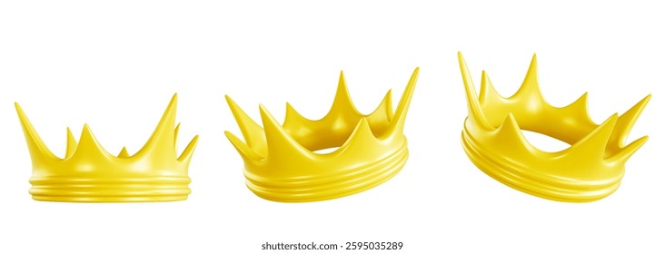 Golden king crowns set isolated on white background. Vector realistic illustration of 3d yellow royal headdress, ancient symbol of monarchy power, medieval kingdom treasure, luxury noble accessory