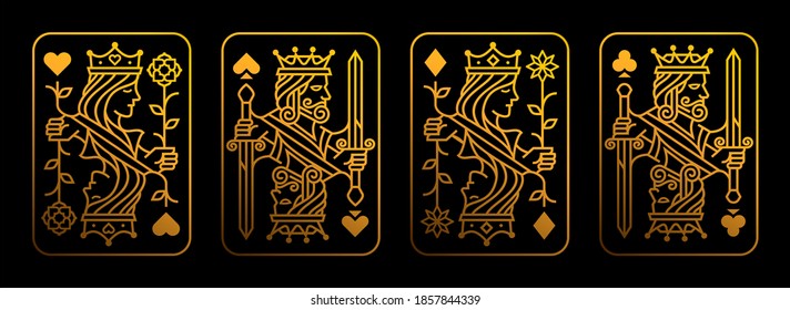 Golden King and queen playing card vector illustration set of hearts, Spade, Diamond and Club, Royal card design collection