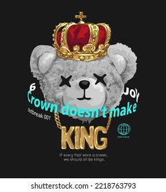 golden king slogan with black and white bear doll weraing crown vector illustration on black background