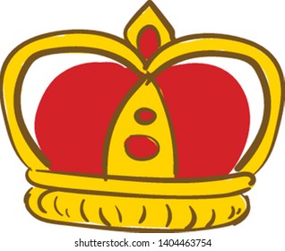 A golden king's crown with red base and red stones, vector, color drawing or illustration. 