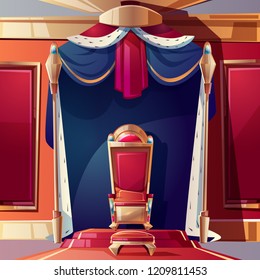 Golden Kings Throne Inlaid With Gems, Ottoman And Pillow On Seat, Standing On Pedestal In Ballroom Or Castle Throne Room Cartoon Vector Illustration. Fantasy Game Design Element. Monarchy Power Symbol