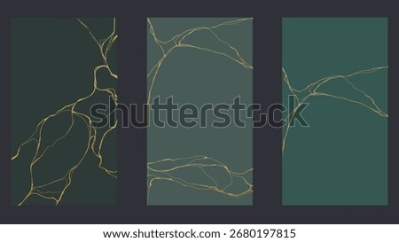 Golden kintsugi crack luxury marble texture pattern. Vector vertical backdrop poster background set with intertwine graceful veins. gold broken seams