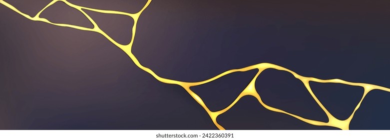 Golden kintsugi crack pattern on gray background. Vector realistic illustration of broken stone, marble, concrete surface, abstract yellow breakage lines, mosaic design effect, japanese repair style