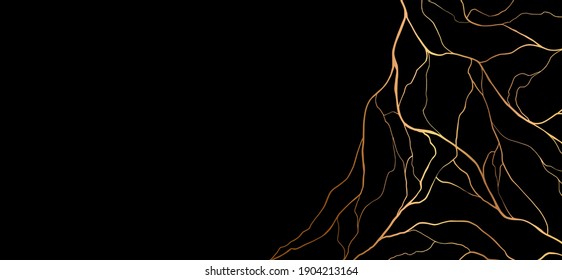 Golden kintsugi crack poster isolated on black. Abstract hand drawn decorative element with copy space. Vector illustration.