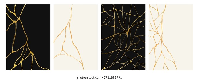 Afiches dorados de crack kintsugi. Abstractas estilo japonés de mármol roto con líneas de oro. Vector de fondo