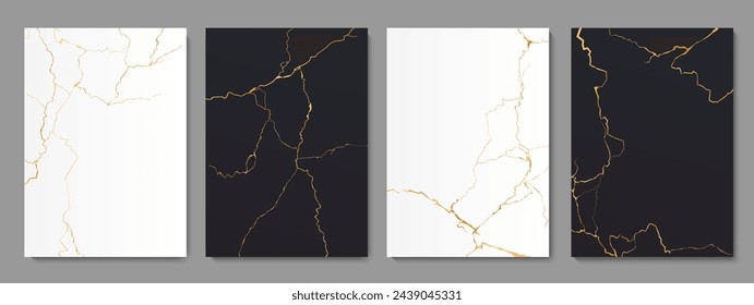 Golden Kintsugi cracks and floor marble tile texture patterns, vector backgrounds. Broken marble with gold foil effect of crackles in black and white stone, Kintsugi or Kintsukuroi ceramic cracks art