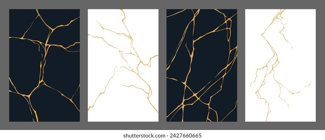 Golden kintsugi cracks, marble tile texture pattern. Black and white vertical vector backgrounds, reminiscent to ancient Japanese art, repairs broken pottery with lacquer mixed with powdered gold