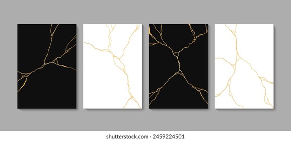 Golden Kintsugi cracks on black and white marble texture, vector ceramic tile backgrounds. Kintsugi golden cracks pattern with abstract gold foil crackles or Kintsukuroi effect on marble stones