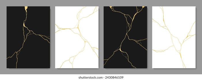 Golden Kintsugi cracks on marble texture pattern, vector background for tile. Broken marble effect with gold foil lines of crackle on stone, Kintsugi or Kintsukuroi ceramic art with golden cracks