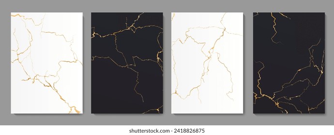 Golden kintsugi cracks, white and black floor marble tile texture pattern. Vector vertical backgrounds intertwine graceful veins and golden seams, embodying the Japanese aesthetic of wabi-sabi