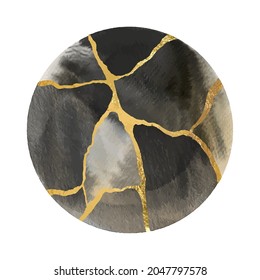Golden kintsugi design round background. Dye splash style. Abstract elegant pattern. Acrylic fluid art. Line art.