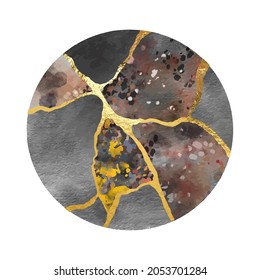 Golden kintsugi design round background. Dye splash style. Abstract elegant pattern. Acrylic fluid art. Line art.